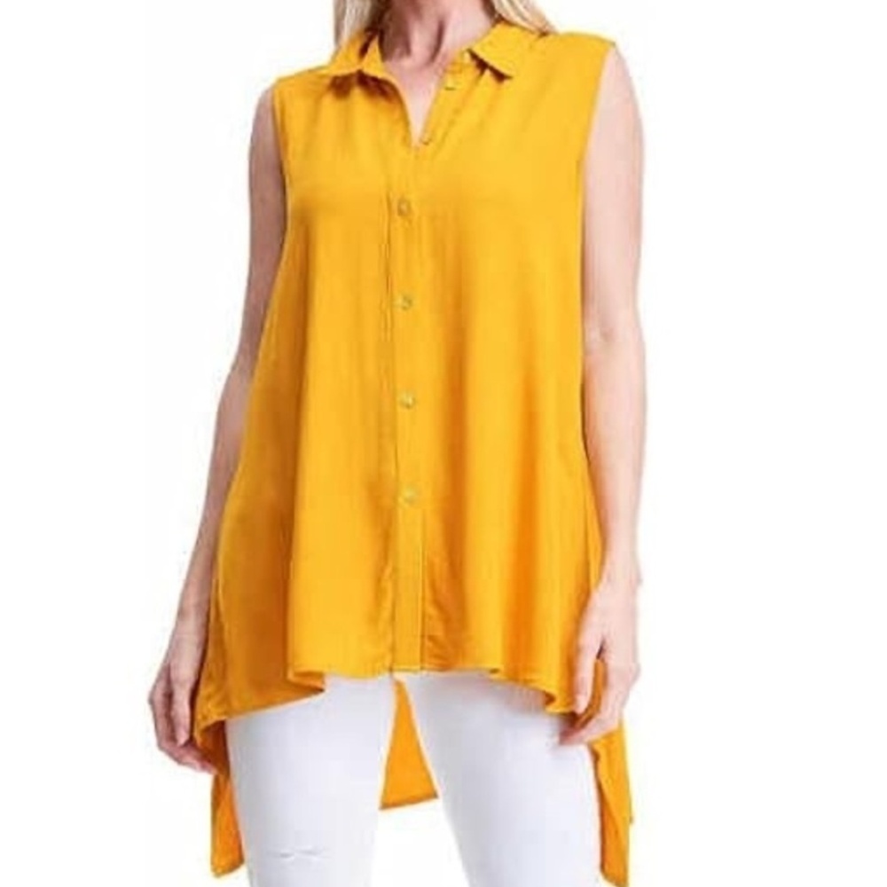 Fever Mustard Yellow Button Up Collared Tank Top Women’s Small Oversized